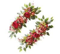 MISNODE Artificial Wedding Arch Flowers Set of 2, Artificial Flower Swag Floral Swag Dusty Wedding Decor, Rustic Artificial Eucalyptus Greenery Floral Swag, Red