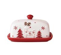 MISNODE Ceramic Butter Dish, Reindeer and Tree Printed Butter Tray with Cover, Christmas Covered Butter Keeper, Christmas Gnomes Ceramic Butter Dish with Lid for Kitchen (A)