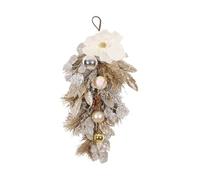 MISNODE Christmas Teardrop Swag, Champagne Gold Artificial Pine Swag Garland with White Magnolia Christmas Ball Pine Cone, Fake Xmas Door Hanging Ornaments White Magnolia Flower
