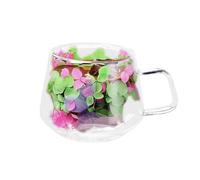 MISNODE Double Wall Flower Glass, Coffee Cups with Handle Tea Cups, Beverage Glass Tea Mug Milk Mug, Double Wall Clear Glass Coffee Mugs, Creative Clear Glass Cups, Flowers Double(C-pink green)