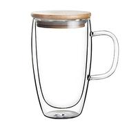 MISNODE Double Wall Glass Coffee Mugs with Handle, Coffee Cup, Clear Borosilicate Glass Coffee Mug, Perfect for Cappuccino, Latte, Hot Beverage, Tea(5.8 * 3.3 * 2.2in/Bamboo Lid)