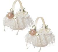 MISNODE Flower Girl Baskets for Weddings,2Pcs Romantic White Flower Girl Basket with Lace Collection,Simple Cute Bow Wedding Baskets for Flower Girl