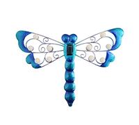 MISNODE Glowing Blue Dragonfly Garden Sculpture Ornaments Decorative, Solar Metal Wall Butterfly Statue for Wall Home Garden Decor, 17.7x13 Inch