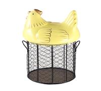MISNODE Metal Mesh Wire Egg Storage Basket With Ceramic Chicken Shaped Top Lid Holds About 50 Eggs,Egg Basket For Gathering Fresh Eggs,Organizer Case For Kitchen, Countertop (Yellow)