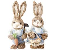 MISNODE Rustic Design Bunny Ornament Blue Dress Bunny Statue with Carrot and Basket, Grass Woven Bunny Figurine Decor for Easter Valentine's Day Gift Spring Decor Home Decor(Blue)