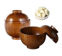 Miso Soup Bowls 2PCS Rustic Natural Texture Wooden Bowls with Lids for Food, Rice, Soup, Tea, Decoration