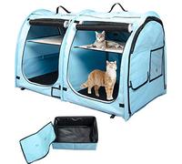Mispace Portable Twin Compartment Show House Cat Cage/Condo - Easy to Fold & Carry Kennel - Comfy Puppy Home & Dog Travel Crate with Portable Carry Bag/Two Hammocks/Mats and Collapsible Litter Box