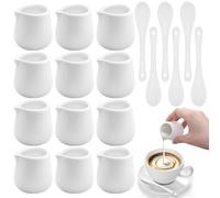 Mispudin 12 Pcs Small Milk Jug 50ml, Mini White Ceramic Milk Jugs with 6 Spoons, Handle-Free Small Gravy Jugs for Serving Cafes, Tea, Creamer, Custard, Sauce - Dishwasher & Microwave Safe