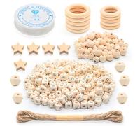 Mispudin 260Pcs Cube Wooden Letter Beads for Crafting + 85 Natural Macrame Bead and Rings Set, A-Z Wooden Alphabet Beads Square 10mm with 15 Mixed Spacer Bead for Jewelry Making, Bracelets, Crafts