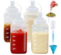 Mispudin 4Pcs 21oz Squeeze Bottle with Nozzle, 600ml Square Plastic Sauce Bottles Large, Condiment Bottles Squeezy with Scale, Cleaning Brush, Funnel for Syrup, Ketchup, Dressing, Sauce Dispenser