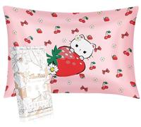 Miss Adola 1 Pack Kids Pillowcase - Queen Size 30 x 20 Inches 19 Momme Mulberry Silk Zipper Pillow Case for Hair and Skin Cute Cartoon Kawaii Strawberry Cat Silk Pillowcase for Teens Girls Boys