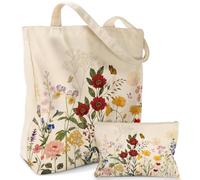 Miss Adola 2 Pack Canvas Tote Bag - Reusable Canvas Totes with Makeup Zipper Pouch Women Ladies Aesthetic Cute Retro Floral Flowers Shoulder Bag for Shopping, Work, Gym, Travel