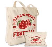 Miss Adola Aesthetic 2 Pack Canvas Tote Bag - with Makeup Pouch Bag for Women Reusable Grocery Bag for Gym, Travel, Work, Strawberry Festival, One Size