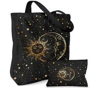 Miss Adola Aesthetic 2 Pack Canvas Tote Bag - with Makeup Zipper Pouch for Women Bag for Shopping, Gym, Travel, Vacation, Black Sun Moon, One Size