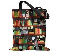 Miss Adola Aesthetic Canvas Tote Bag for Women - Reusable Tote Shoulder Bag Casual Bag for Vacation, Shopping, Work, Gym, Bookshelf Cats, One Size, Bookshelf Cats