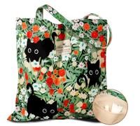 Miss Adola Aesthetic Cotton Tote Bag for Women - Reusable Shoulder Bag with Buckle Fabric Bag for Gym, Travel, Work, Green Three Cats, One Size