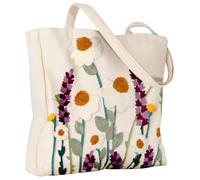 Miss Adola Aesthetic Embroidery Tote Bag for Women - Reusable Canvas Cute Shoulder Bag for Shopping, Grocery, Work, Book, Wild Flowers, One Size