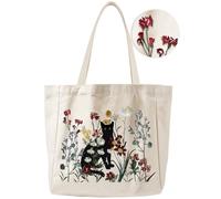 Miss Adola Aesthetic Embroidery Tote Bag for Women - with Magnetic Buckle and Zipper Inner Pocket for Lady Cotton Tote Bag, Flower Cat, One Size