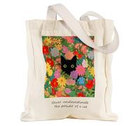 Miss Adola Aesthetic Heavy Canvas Tote Bag with Pocket for Women, Cloth Gusseted Totes Bag with Pattern for Shopping, Floral Cat, One Size