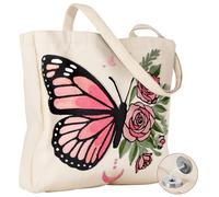 Miss Adola Embroidery Canvas Tote Bag for Women - Reusable Totes with Magnetic Buckle Cute Aesthetic Designer Shoulder Bags for Shopping Grocery Daily Work, Rose Butterfly