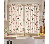 Miss Adola Farmhouse Kitchen Curtains - 45 Inch Length Linen Blend Strawberry Kitchen Window Tier Curtains Cafe Drapes Rod Pocket for Windows Light Filtering, 2 Panels
