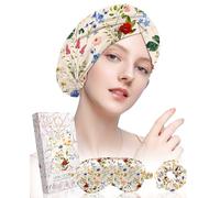 Miss Adola Mulberry Silk Bonnet for Women Sleeping Set 19 Momme Natural Silk Sleep Cap for Hair Care with Eye Mask & Scrunchie Night Cap with Elastic Stay On Head, Flower, 5-7
