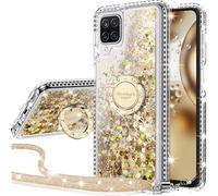 Miss Arts for Samsung A12 Case, [Silverback] Moving Liquid Holographic Glitter Case With Kickstand, Girls Women Bling Diamond Ring Slim Protective Cover for Samsung Galaxy A12 -Clear Gold