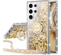 Miss Arts for Samsung S24 Ultra Case, [Silverback] Liquid Holographic Glitter Sparkly Case with Stand, Girls Women Kids Bling Diamond Ring Slim Protective Cover for Samsung Galaxy S24 Ultra -Gold