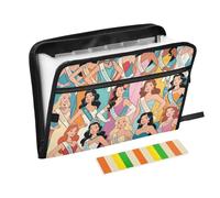 Miss Beautiful World Cartoon File Folder Jackets 13 Pockets A4 Letter Size with Zipper Closure for Folder with Pockets