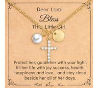 Miss Chipmunk Cross Pearl Initial Necklace for Girls,First Communion Baptism Confirmation 14K Gold Plated Little Girls Jewelry Gifts for Teenage Daughter Best Friend(F)