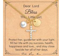 Miss Chipmunk Cross Pearl Initial Necklace for Girls,First Communion Baptism Confirmation 14K Gold Plated Little Girls Jewelry Gifts for Teenage Daughter Best Friend(R)