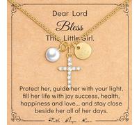 Miss Chipmunk Cross Pearl Initial Necklace for Girls,First Communion Baptism Confirmation 14K Gold Plated Little Girls Jewelry Gifts for Teenage Daughter Best Friend(E)