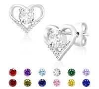 Miss Chipmunk Silver Earrings for Women Girls, 925 Sterling Silver Heart Birthstone Stud Tiny Cubic Zirconia Earrings Birthday Christmas Valentine's Day Jewellery Gifts for Girlfriend (April)