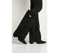 Miss Diva Ayla Block Heel Pointy Toe Collared Faux Suede Clasp Detail Calfboots In Black Black