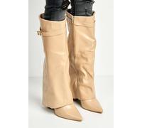 Miss Diva Ayla Block Heel Pointy Toe Collared Pu Calfboots With Clasp Detail In Nude Nude