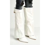 Miss Diva Ayla Block Heel Pointy Toe Collared Pu Calfboots With Clasp Detail In White White