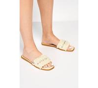 Miss Diva Barcelos Diamante & Pearl Band Frayed Edge Flat Sliders In Cream Cream