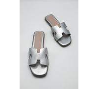 Miss Diva California Faux Leather Open Toe Flat Sliders In Silver Silver 3