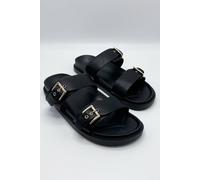 Miss Diva Elise 2 Band Gold Buckle Flat Slider In Black Black