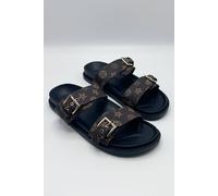 Miss Diva Elise 2 Band Gold Buckle Flat Slider In Chocolate Chocolate