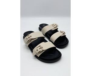 Miss Diva Elise 2 Band Gold Buckle Flat Slider In Nude Nude