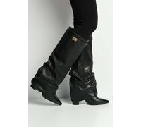 Miss Diva Izel Block Heel Pointy Toe Gold Trim Buckle Ruched Boots In Black Black