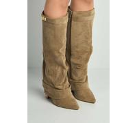 Miss Diva Izel Block Heel Pointy Toe Gold Trim Buckle Ruched Boots In Taupe Taupe