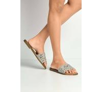 Miss Diva Izela Diamante Cut Out Band Flat Sliders In Silver Silver 8