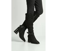 Miss Diva Leilani Gold Buckle Detail Knee High Block Heel Boots In Black Black