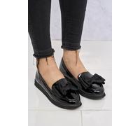 Miss Diva Women's Ada Bow Detail Cleated Flatform Sole Loafers in Black | Size: 5 Miss Diva Black 5