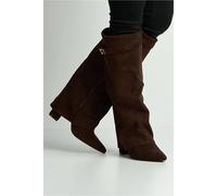 Miss Diva Women's Ayla Block Heel Pointy Toe Collared Faux Suede Clasp Detail Calfboots in Chocolate | Size: 7 Miss Diva Chocolate 7