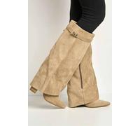 Miss Diva Women's Ayla Block Heel Pointy Toe Collared Faux Suede Clasp Detail Calfboots in Taupe | Size: 7 Miss Diva Taupe 7