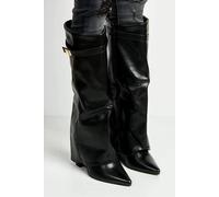 Miss Diva Women's Ayla Block Heel Pointy Toe Collared PU Calfboots with Clasp Detail in Black | Size: 5 Miss Diva Black 5