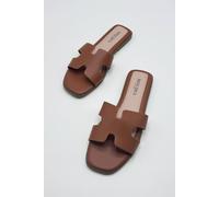 Miss Diva Women's California Faux Leather Open Toe Flat Sliders in Tan | Size: 5 Miss Diva Tan 5